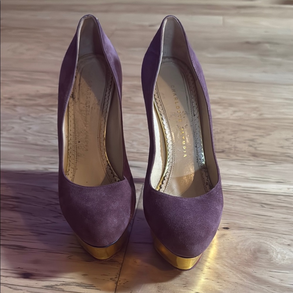 Charlotte Olympia Purple and Gold Platform Heels